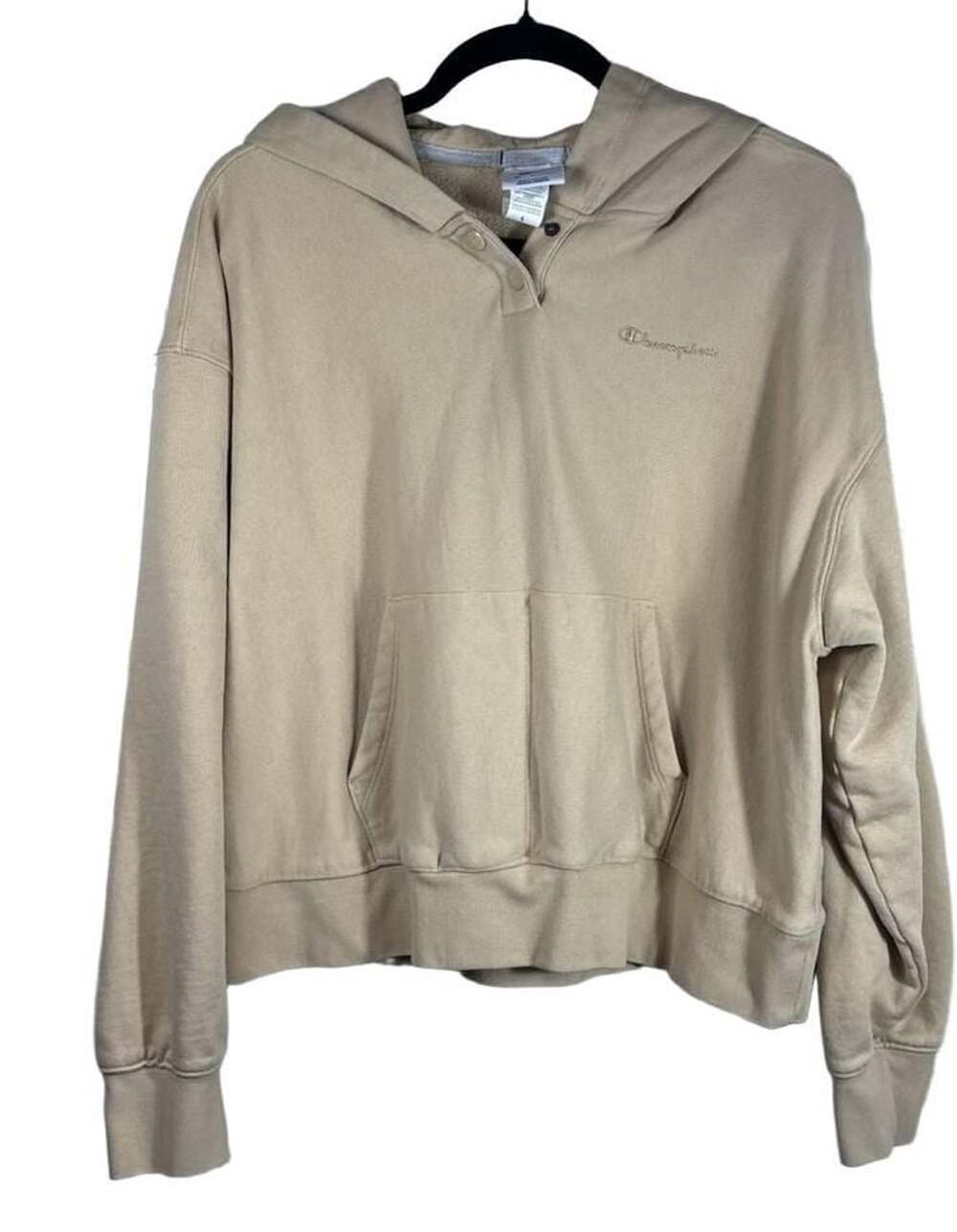 Champion Women's Midweight Pullover Hoodie Sweatshirt With Snap Button Neck Tan